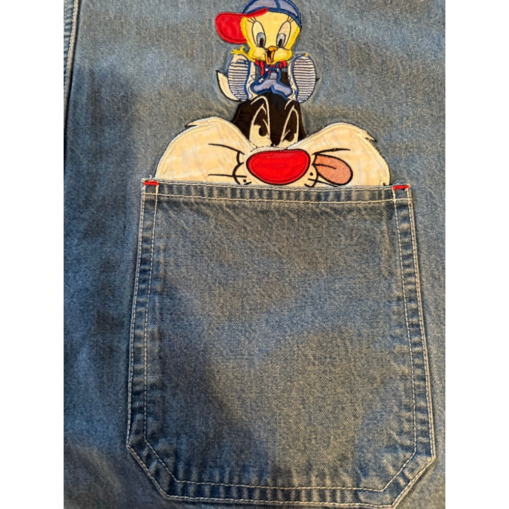 Vintage 90s Looney Tunes Denim Jumper Dress Tweety Sylvester Embroidered dress - Picture 2 of 9
